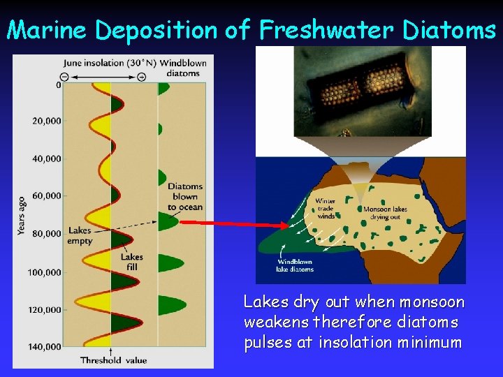 Marine Deposition of Freshwater Diatoms Lakes dry out when monsoon weakens therefore diatoms pulses