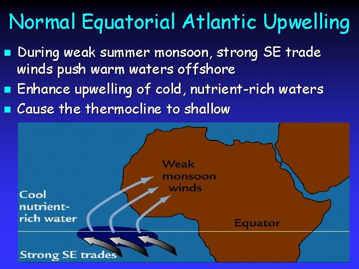 Normal Equatorial Atlantic Upwelling n n n During weak summer monsoon, strong SE trade