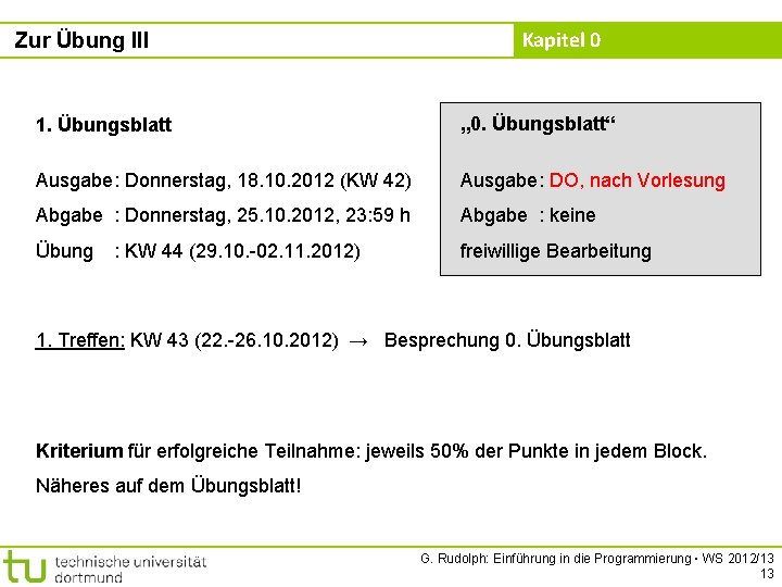 Zur Übung III Kapitel 0 1. Übungsblatt „ 0. Übungsblatt“ Ausgabe: Donnerstag, 18. 10.