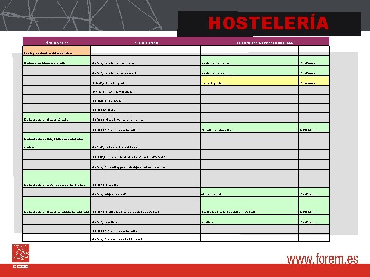 HOSTELERÍA TÍTULOS DE FP CUALIFICACION CERTIFICADO DE PROFESIONALIDAD Familia profesional: Hostelería y turismo Técnico