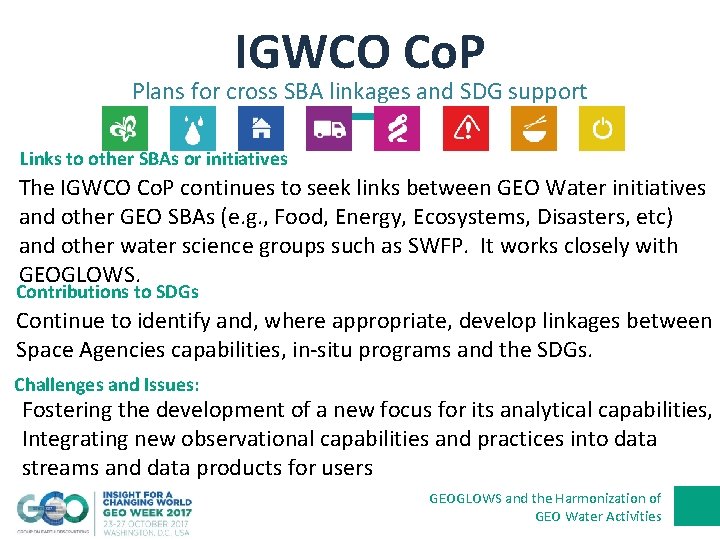 IGWCO Co. P Plans for cross SBA linkages and SDG support Links to other