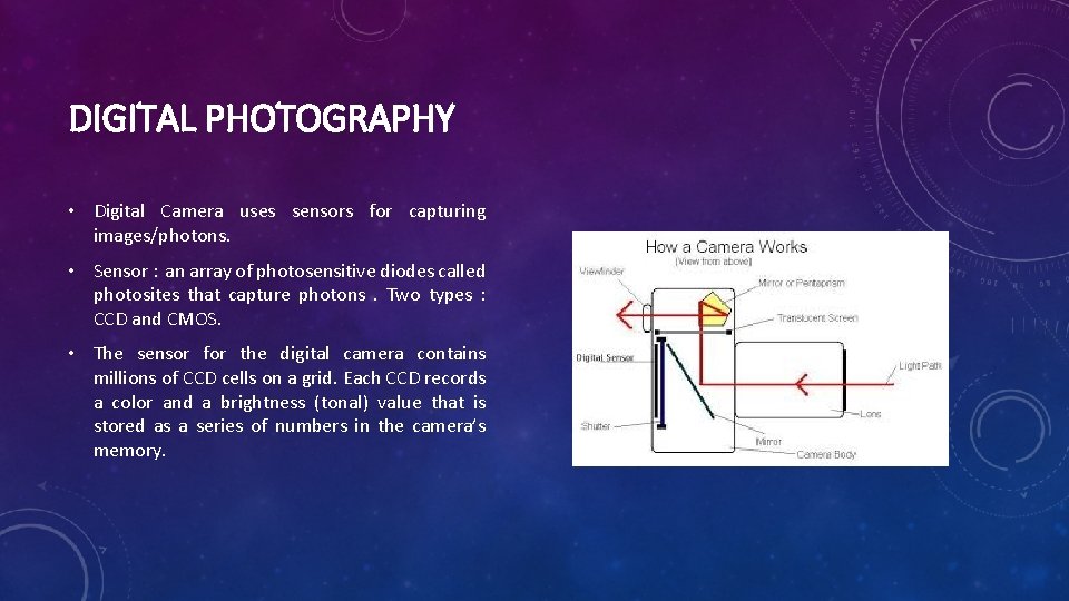 DIGITAL PHOTOGRAPHY • Digital Camera uses sensors for capturing images/photons. • Sensor : an