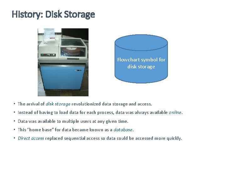 History: Disk Storage Flowchart symbol for disk storage • The arrival of disk storage