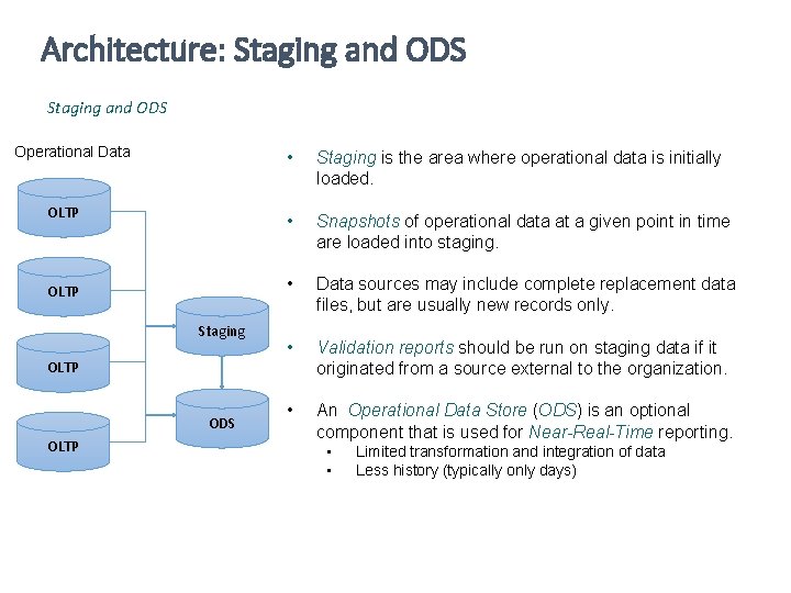 Architecture: Staging and ODS Operational Data Warehouse • Data. Staging is the area OLAP