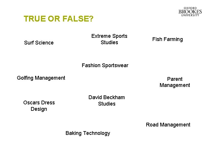TRUE OR FALSE? Surf Science Extreme Sports Studies Fish Farming Fashion Sportswear Golfing Management