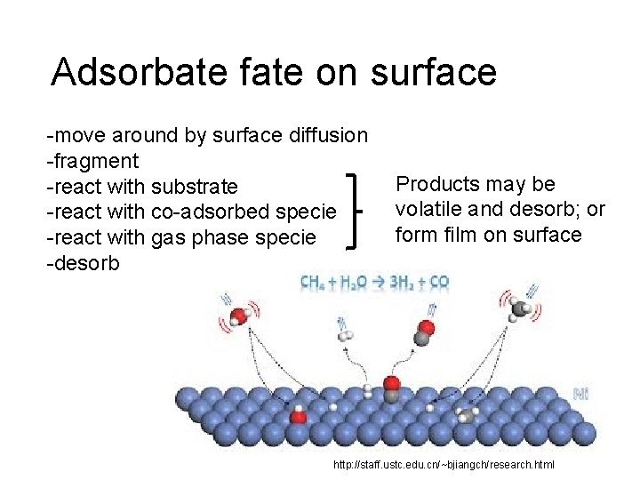 Adsorbate fate on surface -move around by surface diffusion -fragment -react with substrate -react