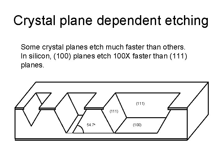 Crystal plane dependent etching Some crystal planes etch much faster than others. In silicon,