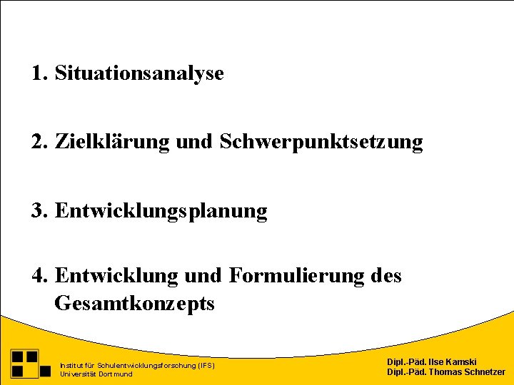 1. Situationsanalyse 2. Zielklärung und Schwerpunktsetzung 3. Entwicklungsplanung 4. Entwicklung und Formulierung des Gesamtkonzepts