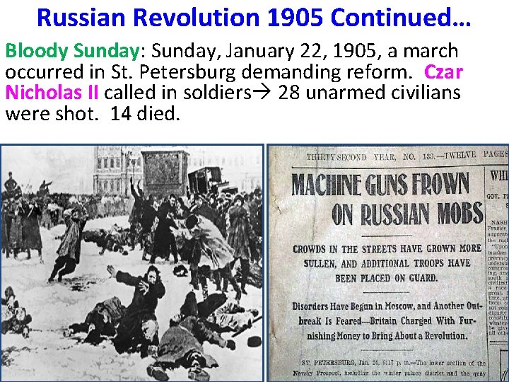 Russian Revolution 1905 Continued… Bloody Sunday: Sunday, January 22, 1905, a march occurred in