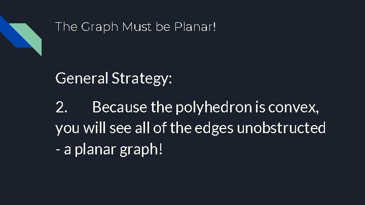 The Graph Must be Planar! General Strategy: 2. Because the polyhedron is convex, you
