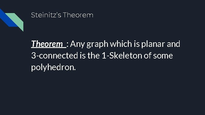 Steinitz’s Theorem : Any graph which is planar and 3 -connected is the 1