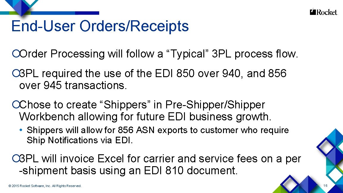 End-User Orders/Receipts ¡Order Processing will follow a “Typical” 3 PL process flow. ¡ 3