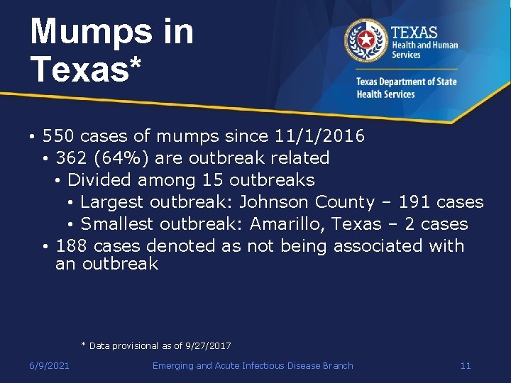 Mumps in Texas* • 550 cases of mumps since 11/1/2016 • 362 (64%) are