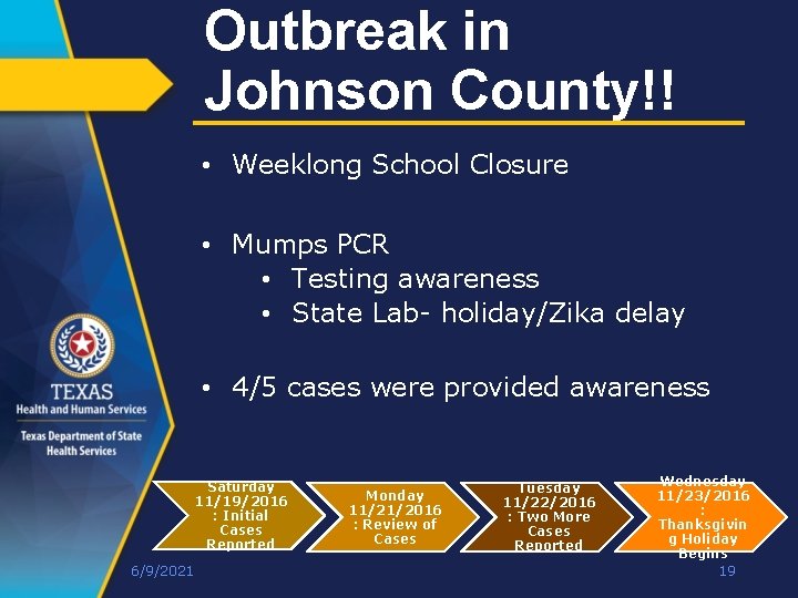 Outbreak in Johnson County!! • Weeklong School Closure • Mumps PCR • Testing awareness