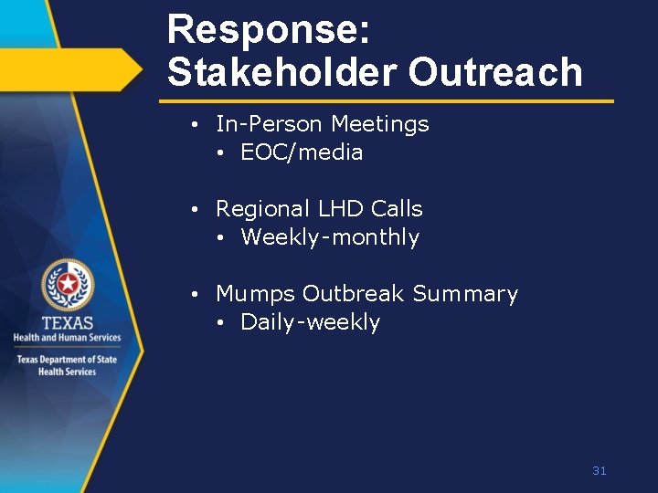 Response: Stakeholder Outreach • In-Person Meetings • EOC/media • Regional LHD Calls • Weekly-monthly