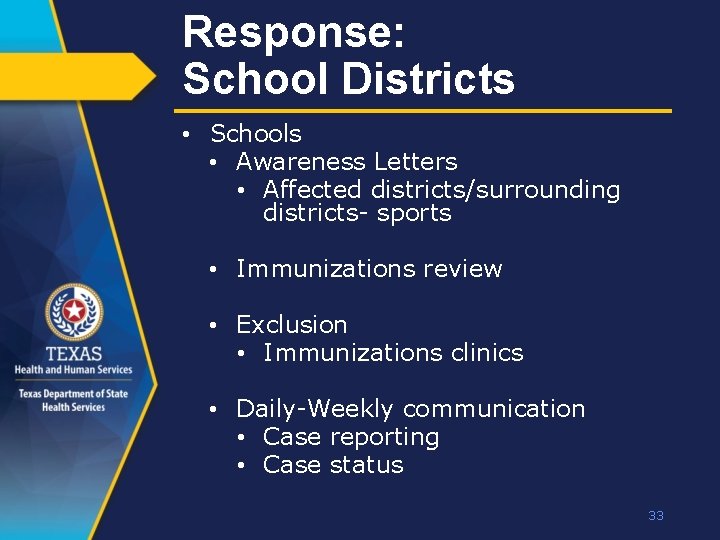 Response: School Districts • Schools • Awareness Letters • Affected districts/surrounding districts- sports •