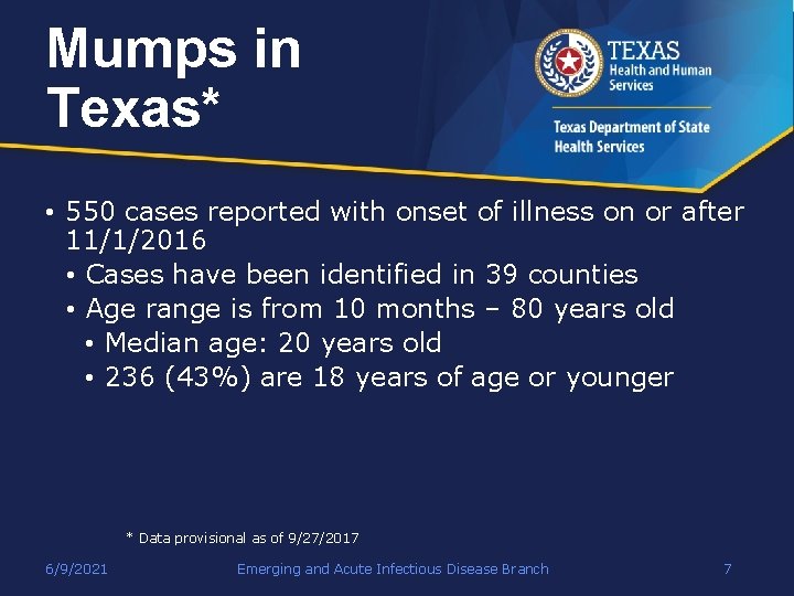 Mumps in Texas* • 550 cases reported with onset of illness on or after