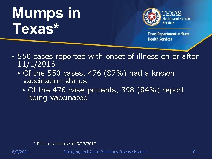 Mumps in Texas* • 550 cases reported with onset of illness on or after