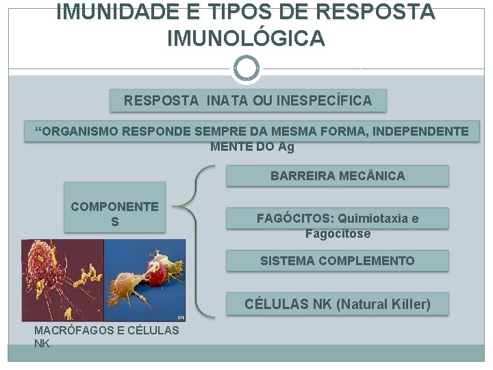 IMUNIDADE E TIPOS DE RESPOSTA IMUNOLÓGICA RESPOSTA INATA OU INESPECÍFICA “ORGANISMO RESPONDE SEMPRE DA