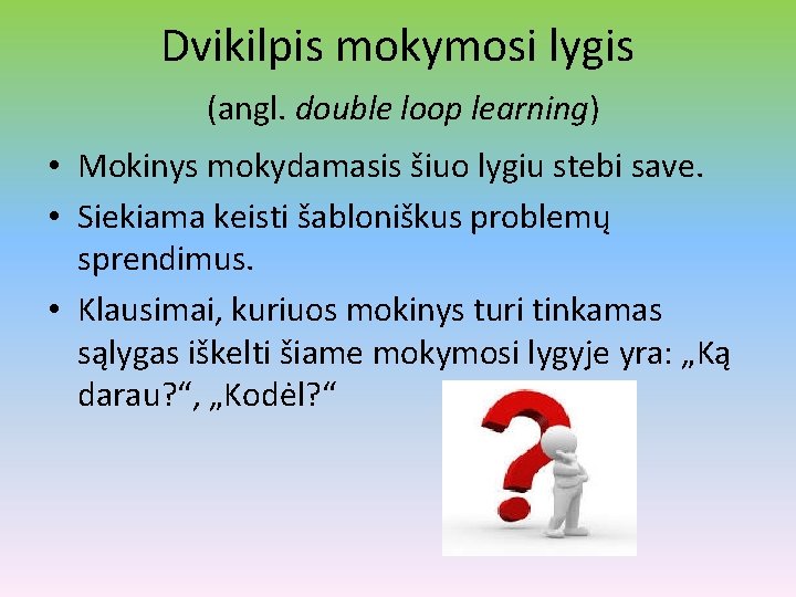 Dvikilpis mokymosi lygis (angl. double loop learning) • Mokinys mokydamasis šiuo lygiu stebi save.