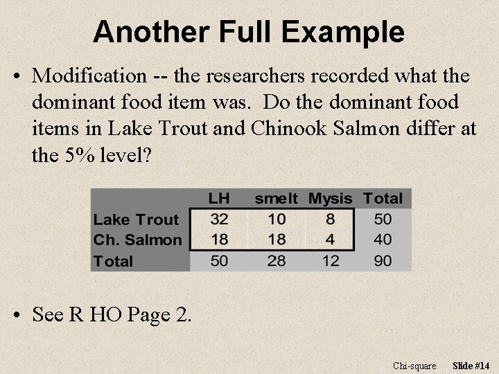 Another Full Example • Modification -- the researchers recorded what the dominant food item Another Full Example • Modification -- the researchers recorded what the dominant food item