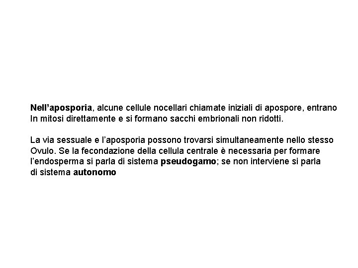 Nell’aposporia, alcune cellule nocellari chiamate iniziali di apospore, entrano In mitosi direttamente e si