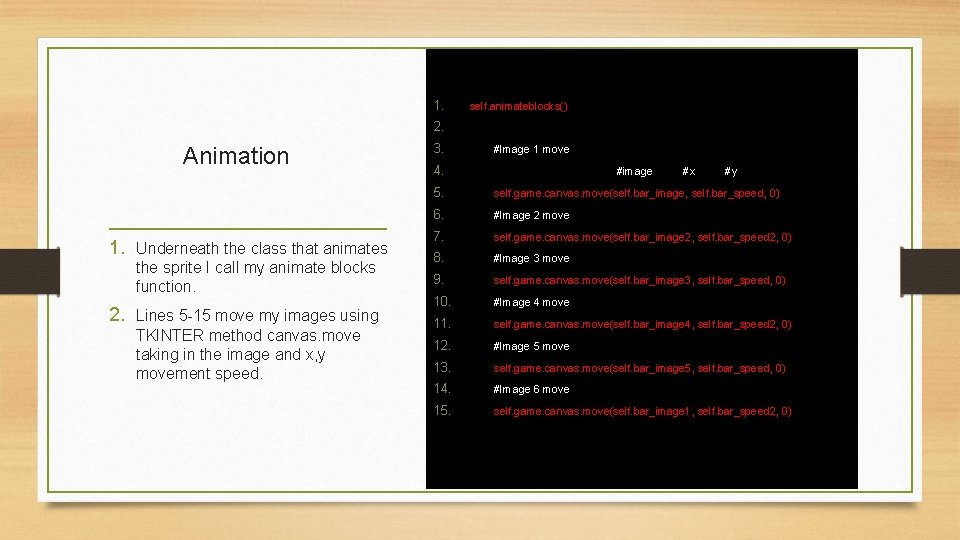 1. self. animateblocks() 2. Animation 1. Underneath the class that animates the sprite I