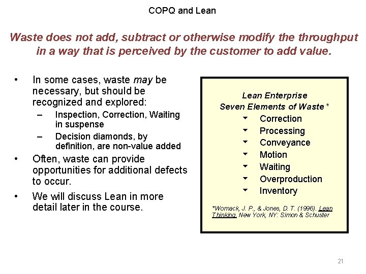 COPQ and Lean Waste does not add, subtract or otherwise modify the throughput in COPQ and Lean Waste does not add, subtract or otherwise modify the throughput in