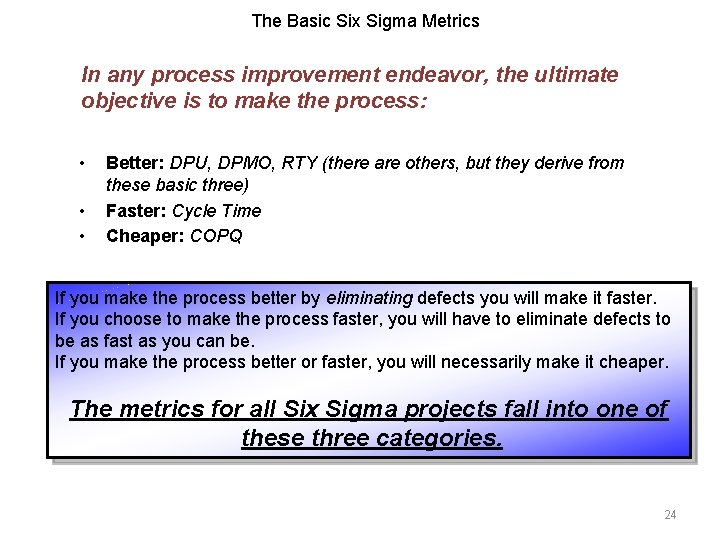 The Basic Six Sigma Metrics In any process improvement endeavor, the ultimate objective is The Basic Six Sigma Metrics In any process improvement endeavor, the ultimate objective is