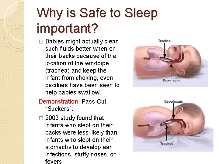 Why is Safe to Sleep important? Babies might actually clear such fluids better when