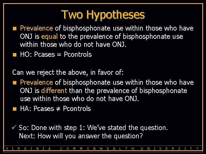 Two Hypotheses Prevalence of bisphonate use within those who have ONJ is equal to