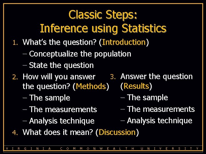 Classic Steps: Inference using Statistics What’s the question? (Introduction) – Conceptualize the population –