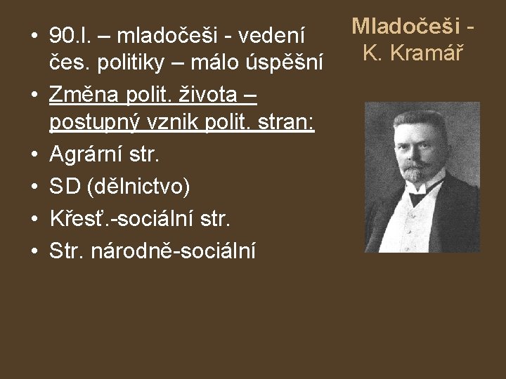  • 90. l. – mladočeši - vedení čes. politiky – málo úspěšní •