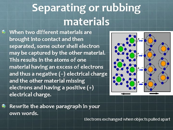 Separating or rubbing materials When two different materials are brought into contact and then