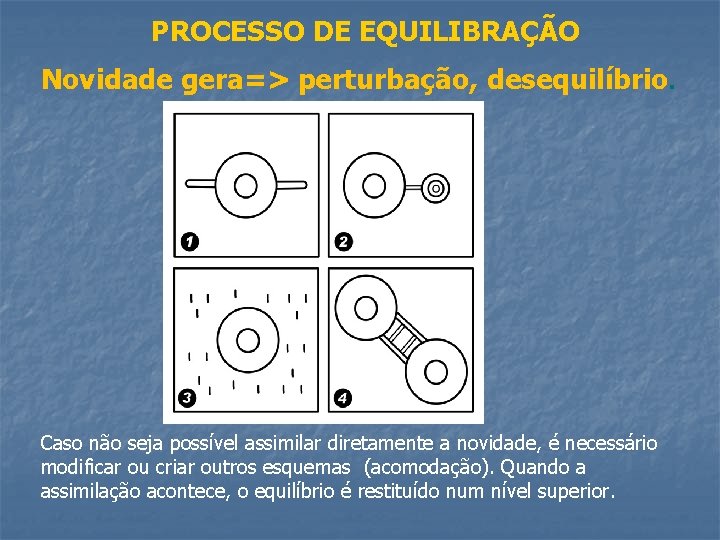 PROCESSO DE EQUILIBRAÇÃO Novidade gera=> perturbação, desequilíbrio. Caso não seja possível assimilar diretamente a