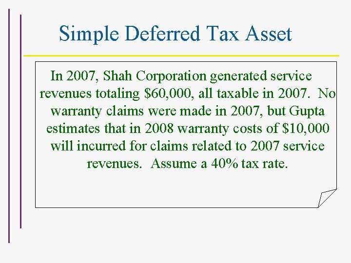 Simple Deferred Tax Asset In 2007, Shah Corporation generated service revenues totaling $60, 000,