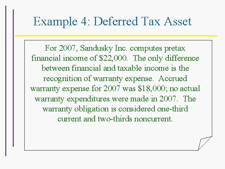 Example 4: Deferred Tax Asset For 2007, Sandusky Inc. computes pretax financial income of