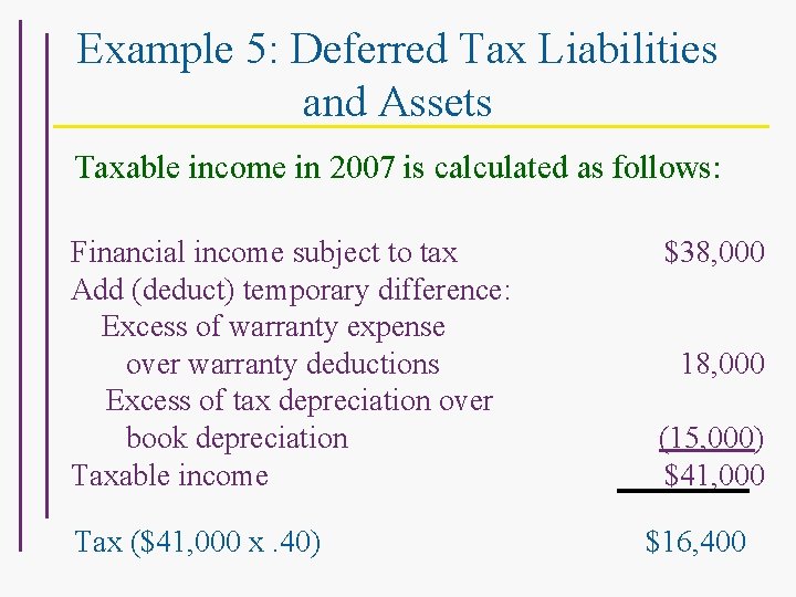 Example 5: Deferred Tax Liabilities and Assets Taxable income in 2007 is calculated as