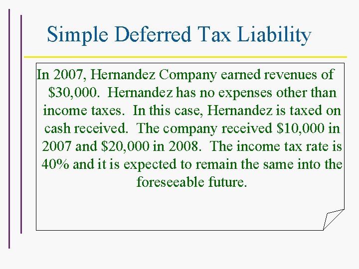 Simple Deferred Tax Liability In 2007, Hernandez Company earned revenues of $30, 000. Hernandez