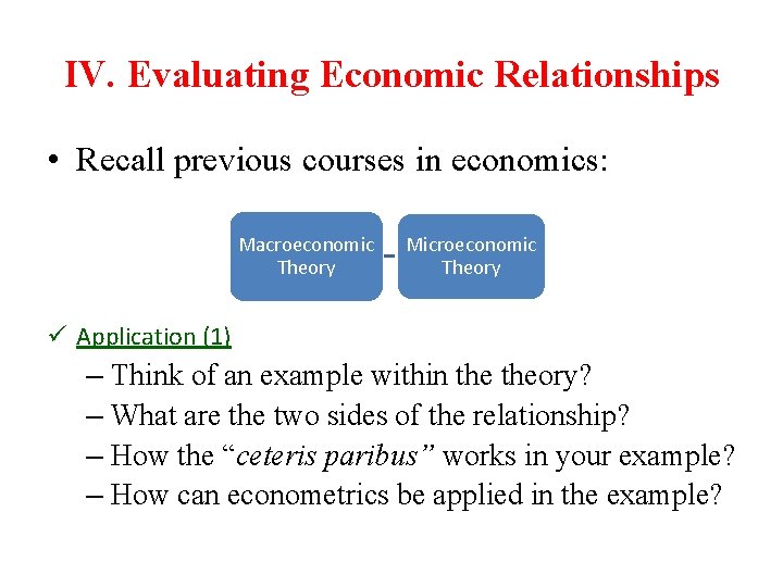IV. Evaluating Economic Relationships • Recall previous courses in economics: Macroeconomic Theory Microeconomic Theory