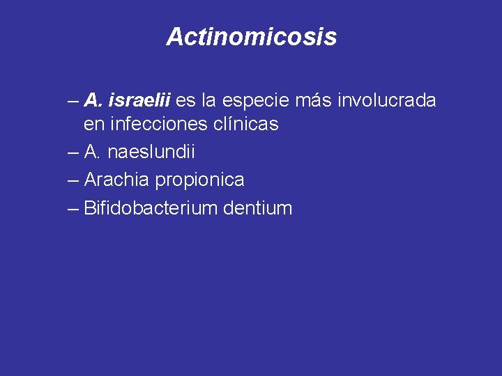 Actinomicosis – A. israelii es la especie más involucrada en infecciones clínicas – A.