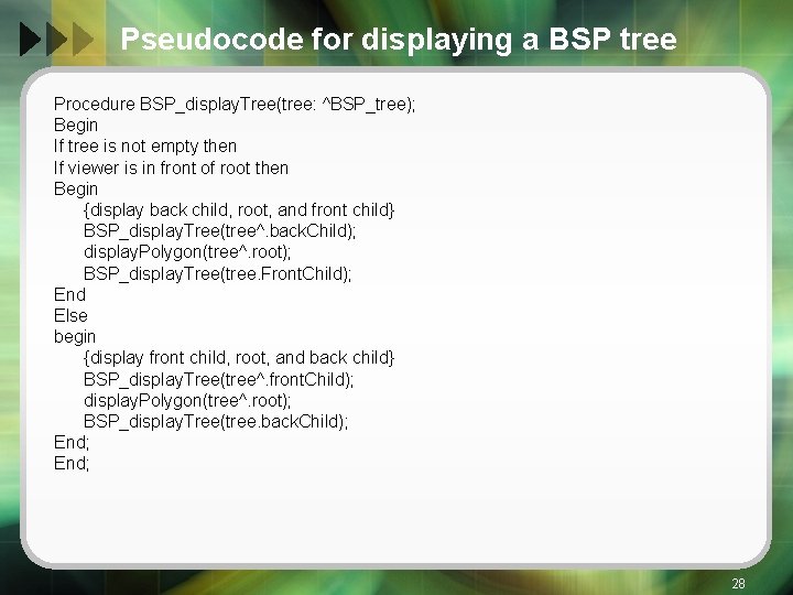 Pseudocode for displaying a BSP tree Procedure BSP_display. Tree(tree: ^BSP_tree); Begin If tree is