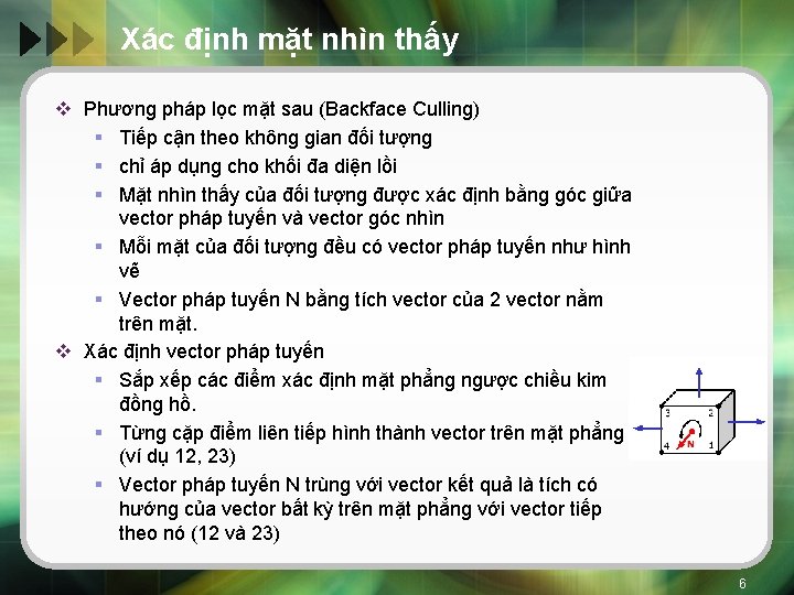 Xác định mặt nhìn thấy v Phương pháp lọc mặt sau (Backface Culling) §