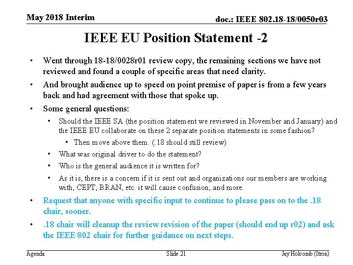 May 2018 Interim doc. : IEEE 802. 18 -18/0050 r 03 IEEE EU Position