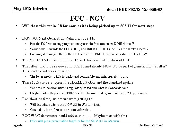 May 2018 Interim doc. : IEEE 802. 18 -18/0050 r 03 FCC - NGV