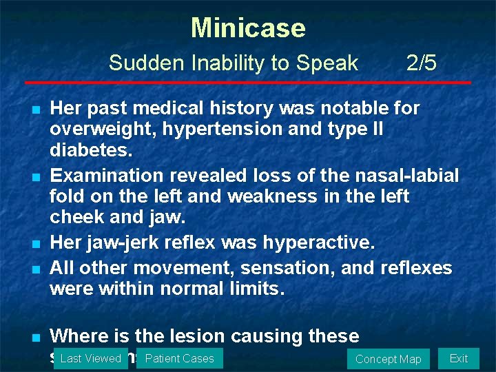 Minicase Sudden Inability to Speak n n n 2/5 Her past medical history was