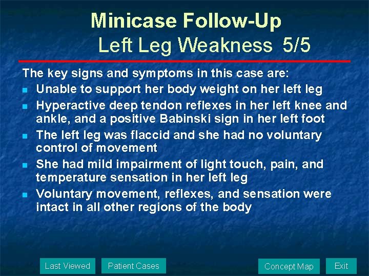 Minicase Follow-Up Left Leg Weakness 5/5 The key signs and symptoms in this case