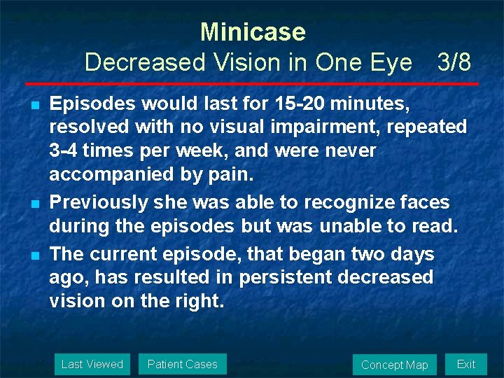 Minicase Decreased Vision in One Eye 3/8 n n n Episodes would last for