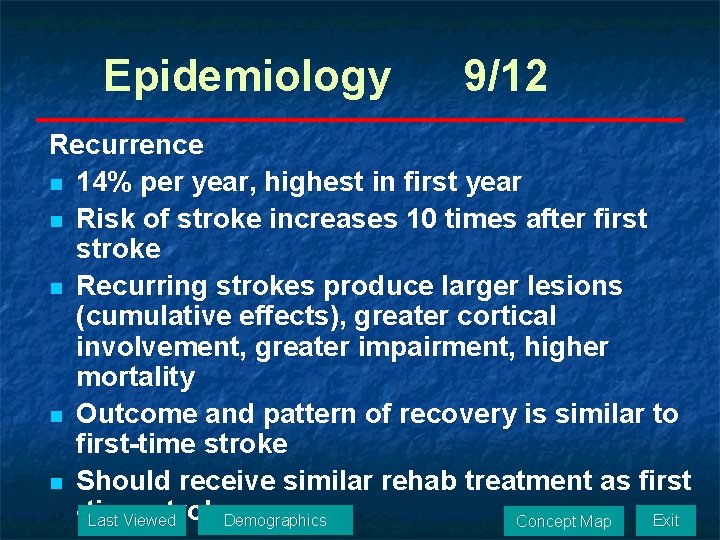 Epidemiology 9/12 Recurrence n 14% per year, highest in first year n Risk of