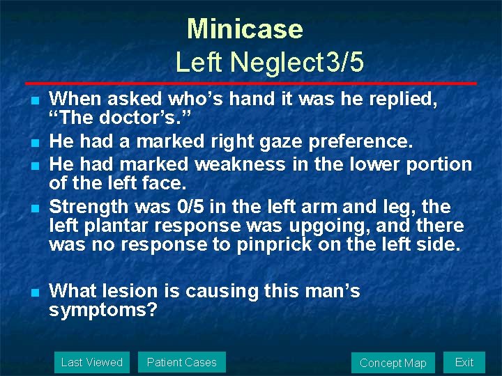 Minicase Left Neglect 3/5 n n n When asked who’s hand it was he